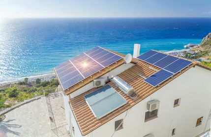 solar palels, photovoltaic, roof, sea house