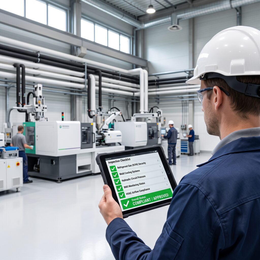 Auditor técnico con casco de seguridad verificando el cumplimiento normativo F-Gas y checklist en tablet digital en nave de inyección de plásticos.