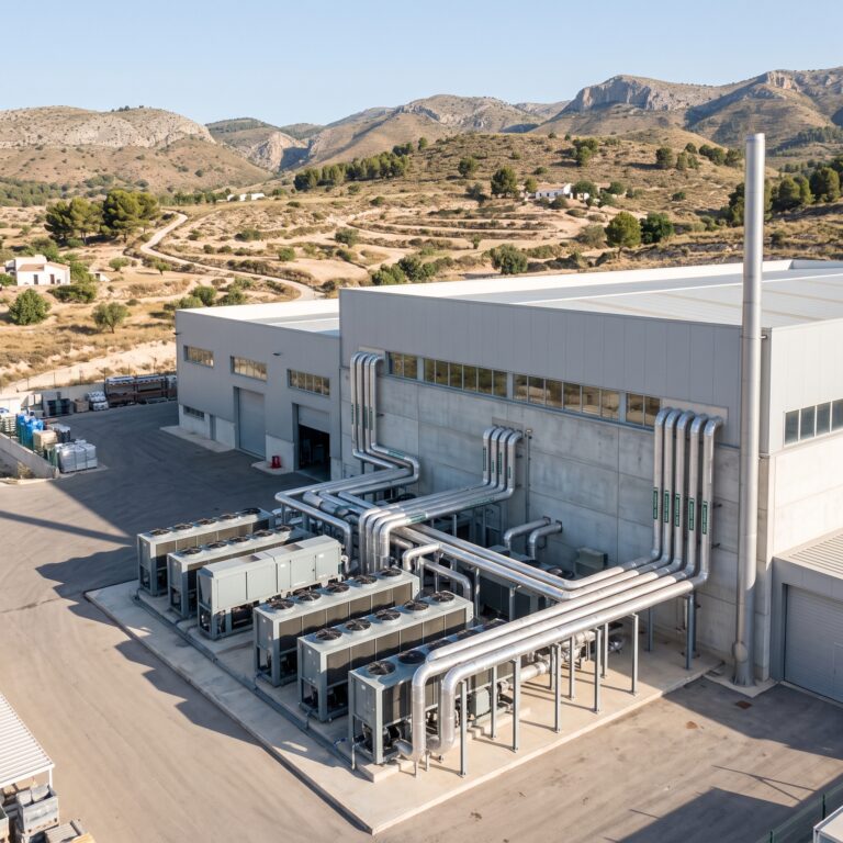 Planta de inyección de plásticos en Ibi con enfriadoras exteriores y tuberías de agua hacia la nave